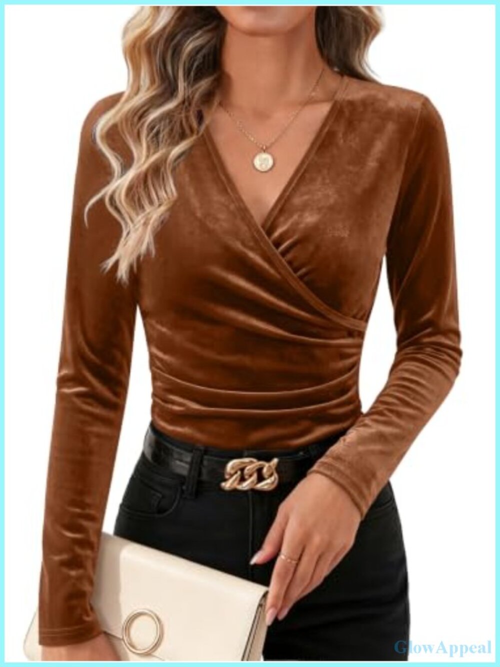 Velvet Wrap Top Long Sleeve V Neck Slim Fit Ruched Button Accent